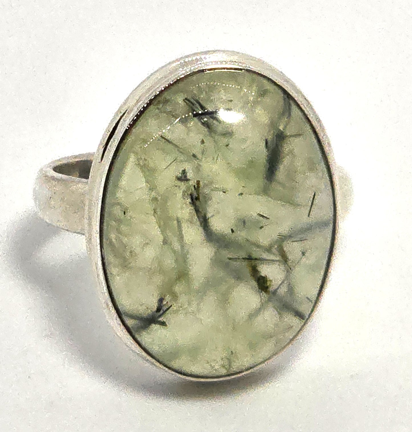 Prehnite gemstone open work large sterling silver ring size 8.5