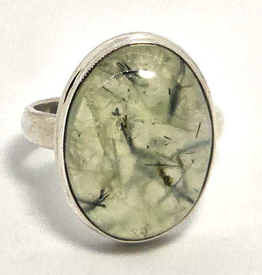 Prehnite gemstone open work large sterling silver ring size 8.5