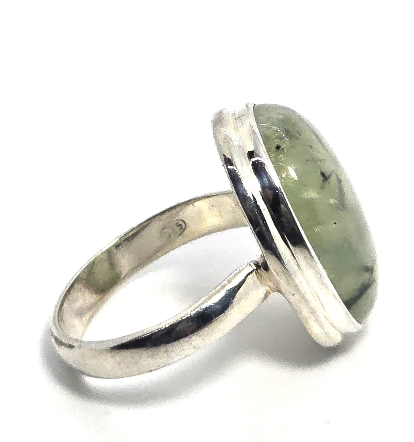 Prehnite gemstone open work large sterling silver ring size 8.5