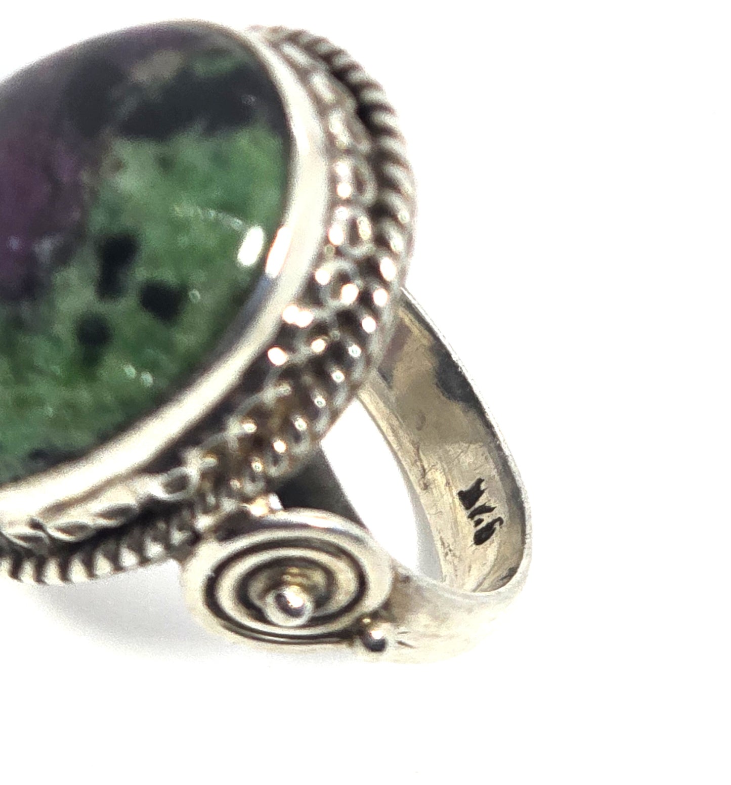 Ruby Zoisite large tribal bali style vintage Sterling silver ring size 8 UV reactive