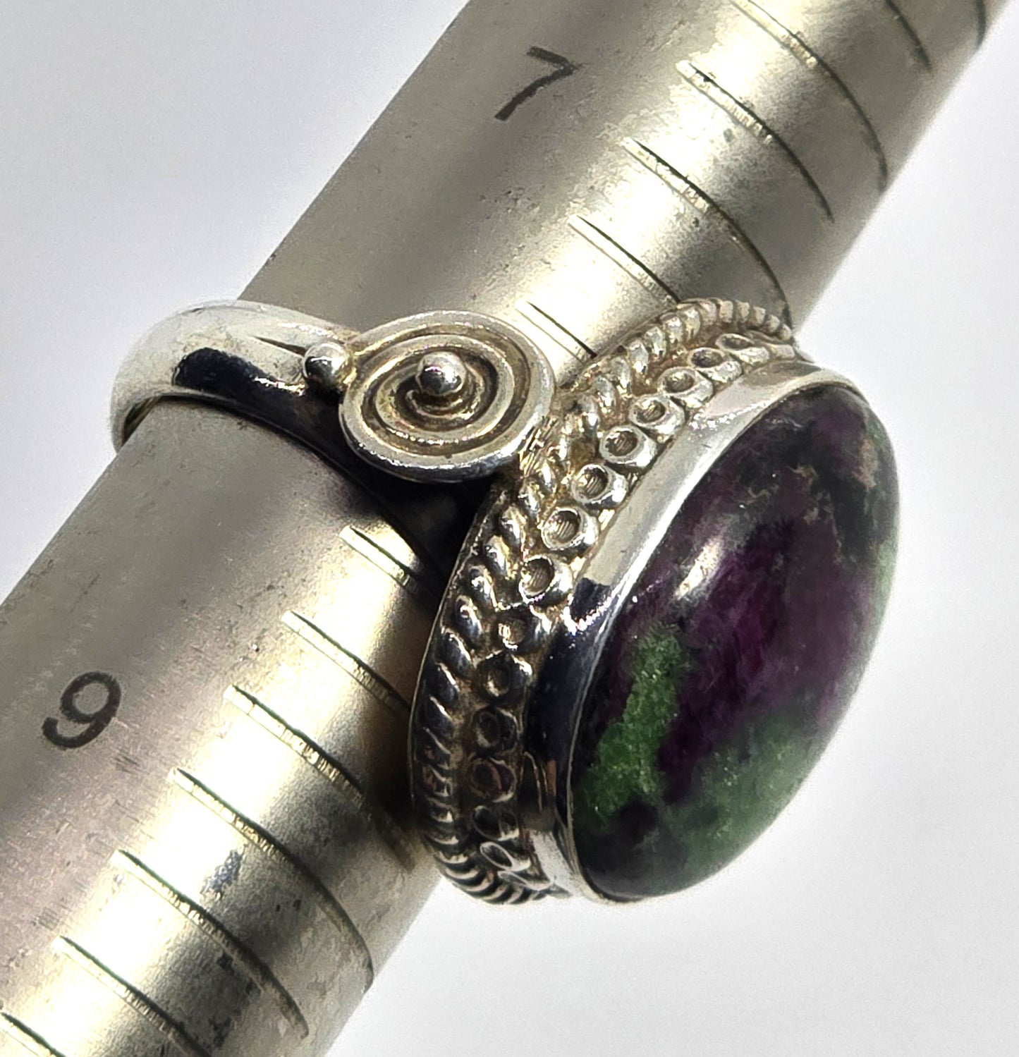 Ruby Zoisite large tribal bali style vintage Sterling silver ring size 8 UV reactive