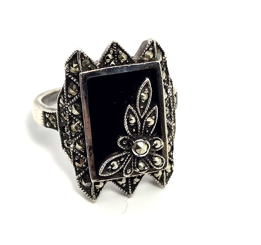 Heirloom 73 Black onyx marcasite vintage accented sterling silver ring size 6.5