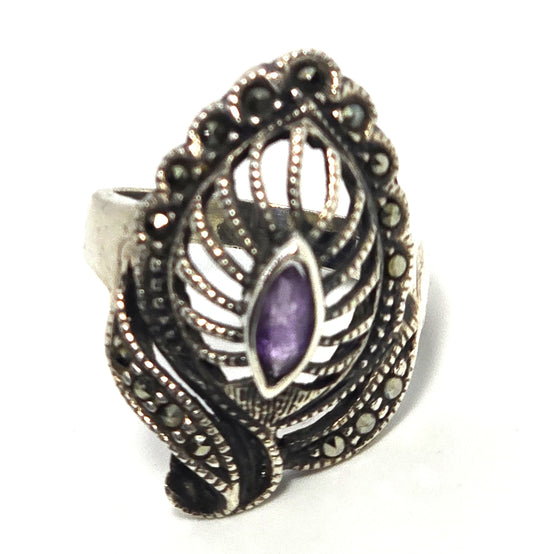 Amethyst leaf open work marcasite retro vintage sterling silver ring size 5.5