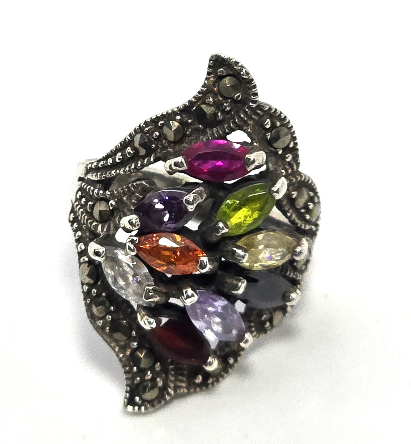 Multicolor Multi gemstone large marcasite vintage Sterling Silver Ring size 5