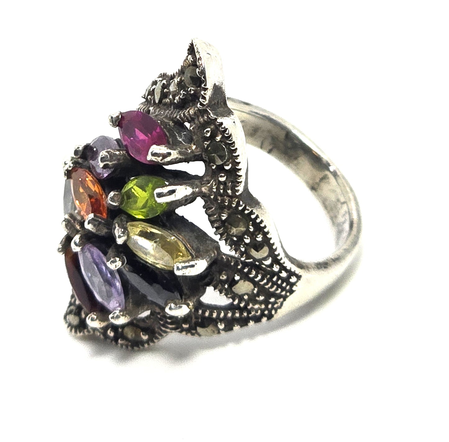 Multicolor Multi gemstone large marcasite vintage Sterling Silver Ring size 5