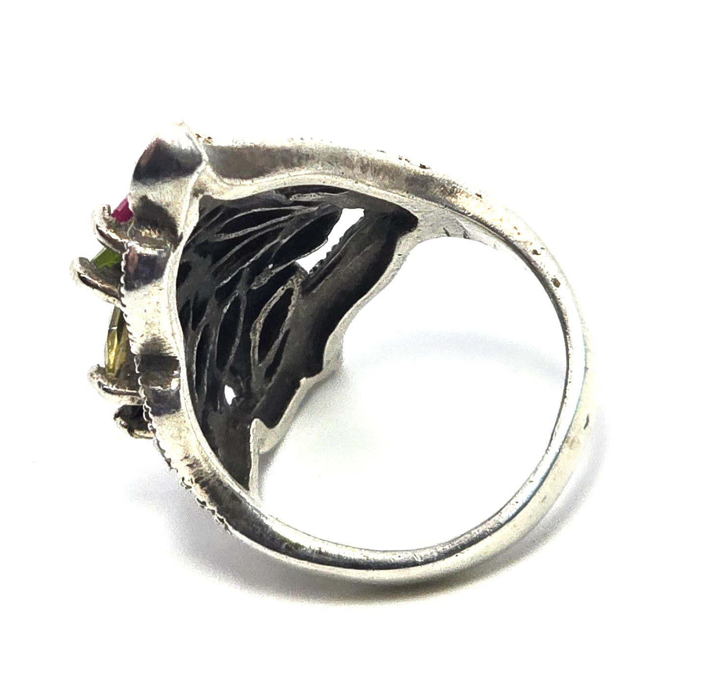 Multicolor Multi gemstone large marcasite vintage Sterling Silver Ring size 5