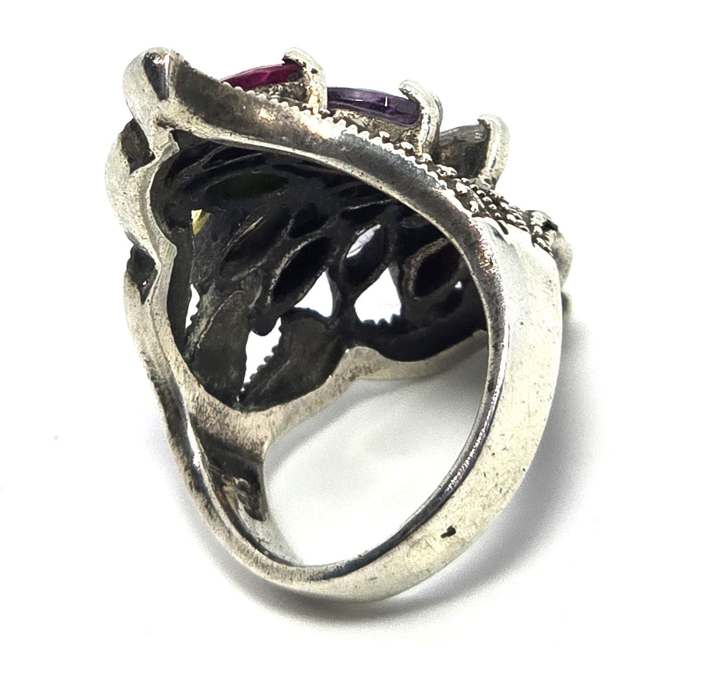 Multicolor Multi gemstone large marcasite vintage Sterling Silver Ring size 5