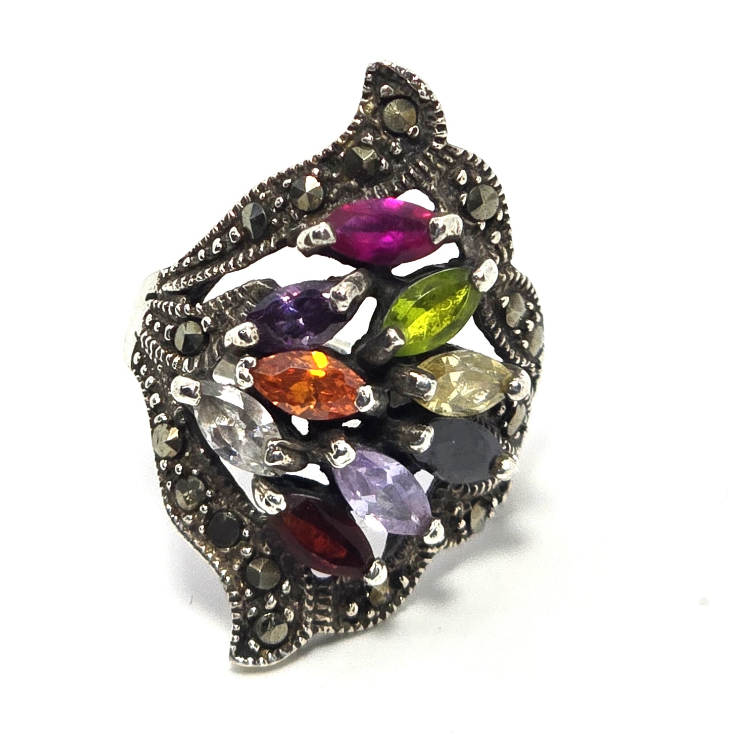 Multicolor Multi gemstone large marcasite vintage Sterling Silver Ring size 5