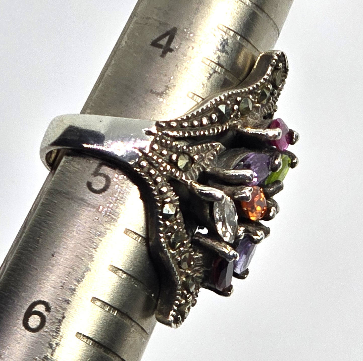 Multicolor Multi gemstone large marcasite vintage Sterling Silver Ring size 5