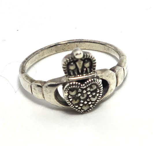 Claddagh Irish Druid sterling silver marcasite Celtic ring band size 7