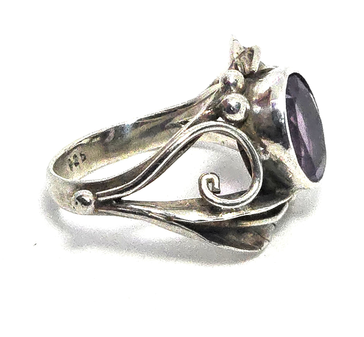 Amethyst gemstone artisan Cala lily flower sterling silver open work ring size 6.5