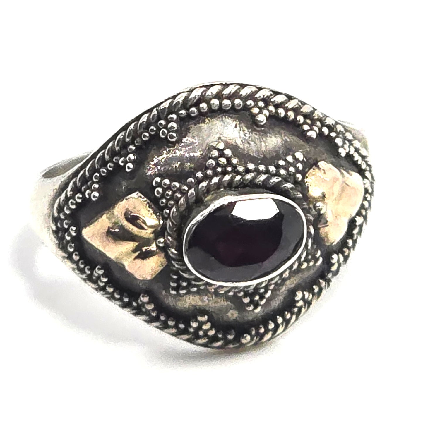 Garnet Rose Gold accented Bali Balinese sterling silver vintage ring size 8