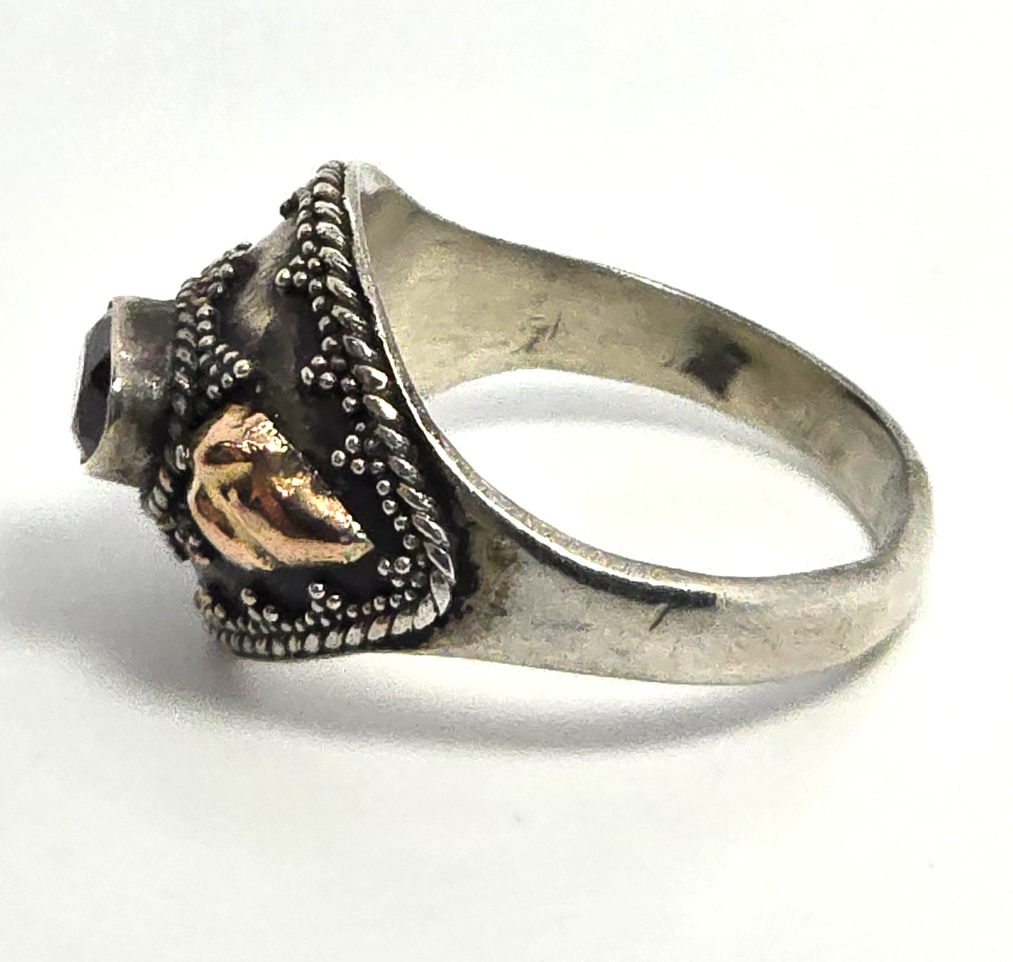 Garnet Rose Gold accented Bali Balinese sterling silver vintage ring size 8