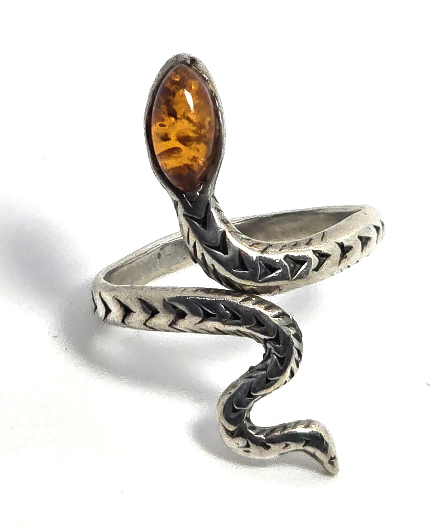 Baltic Amber Large etched sterling silver KL snake wrap statement ring size 7