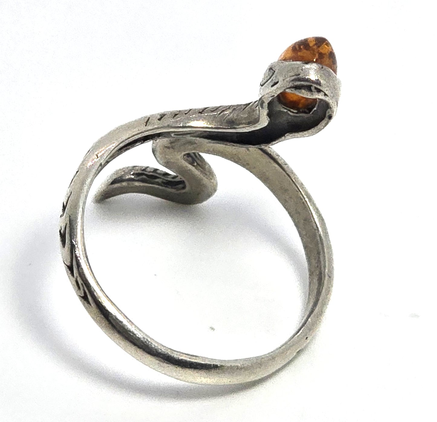 Baltic Amber Large etched sterling silver KL snake wrap statement ring size 7