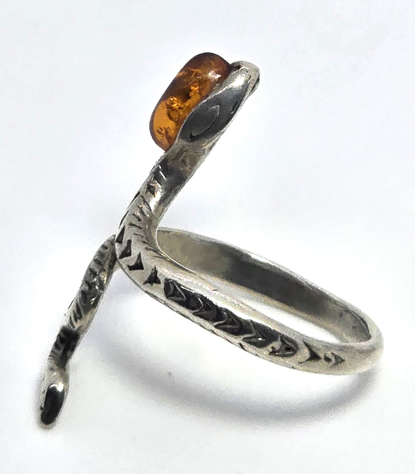 Baltic Amber Large etched sterling silver KL snake wrap statement ring size 7