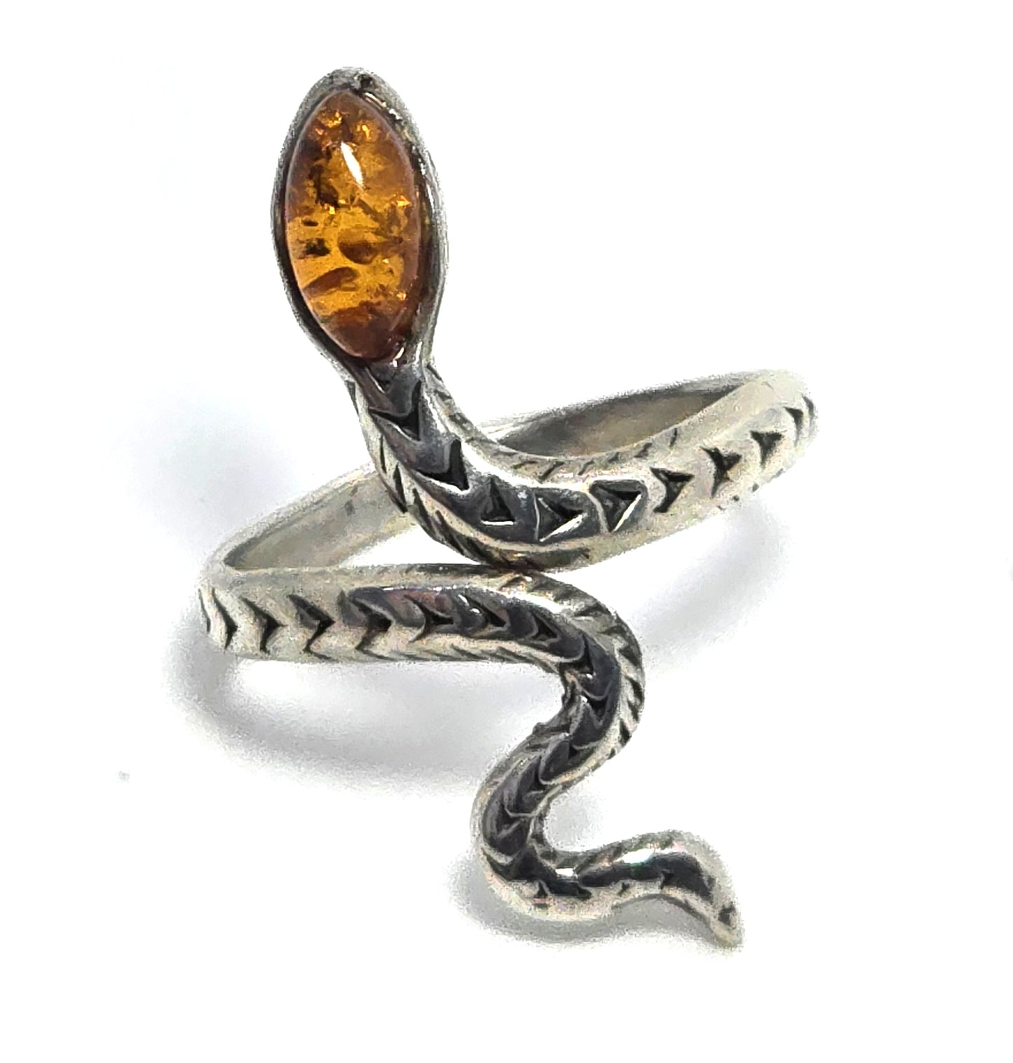 Baltic Amber Large etched sterling silver KL snake wrap statement ring size 7