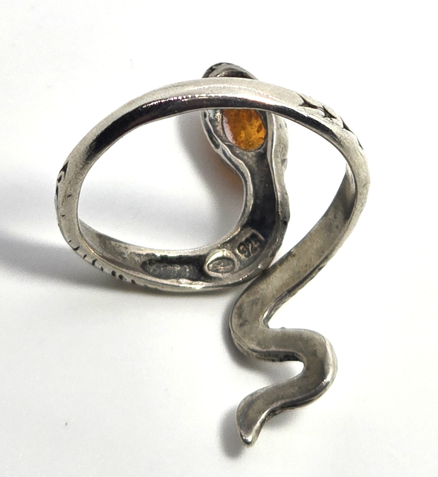 Baltic Amber Large etched sterling silver KL snake wrap statement ring size 7