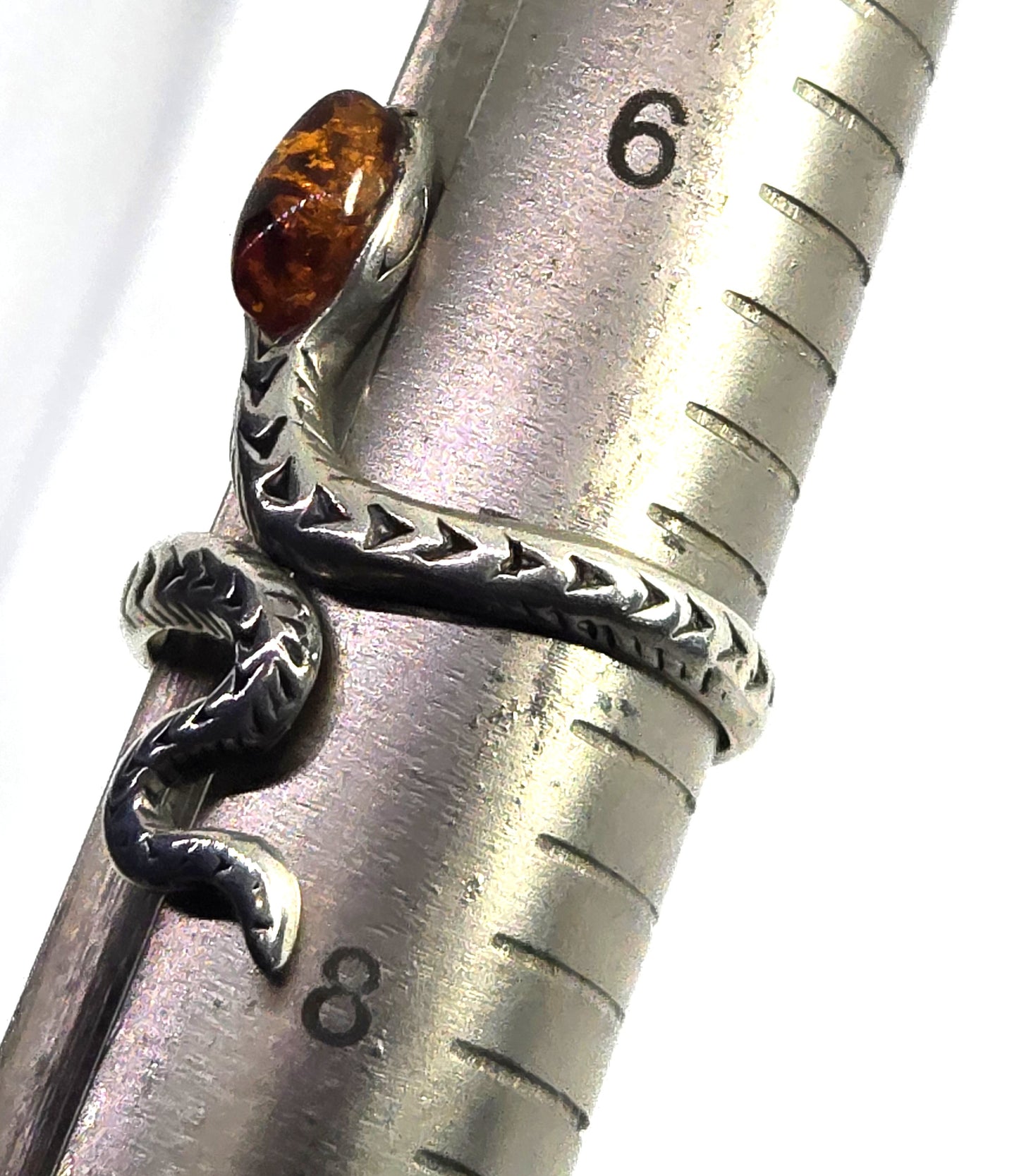 Baltic Amber Large etched sterling silver KL snake wrap statement ring size 7