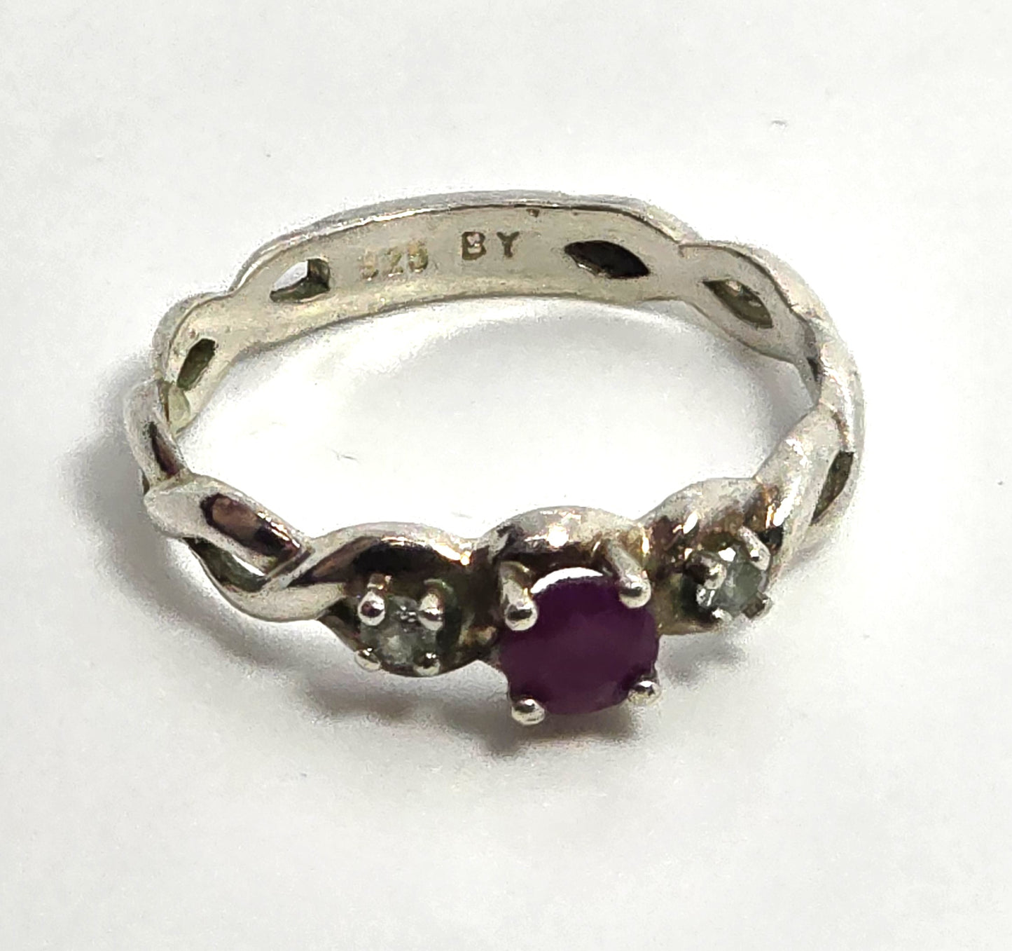 Ruby cubic zirconia three stone vintage sterling silver past present future ring size 9