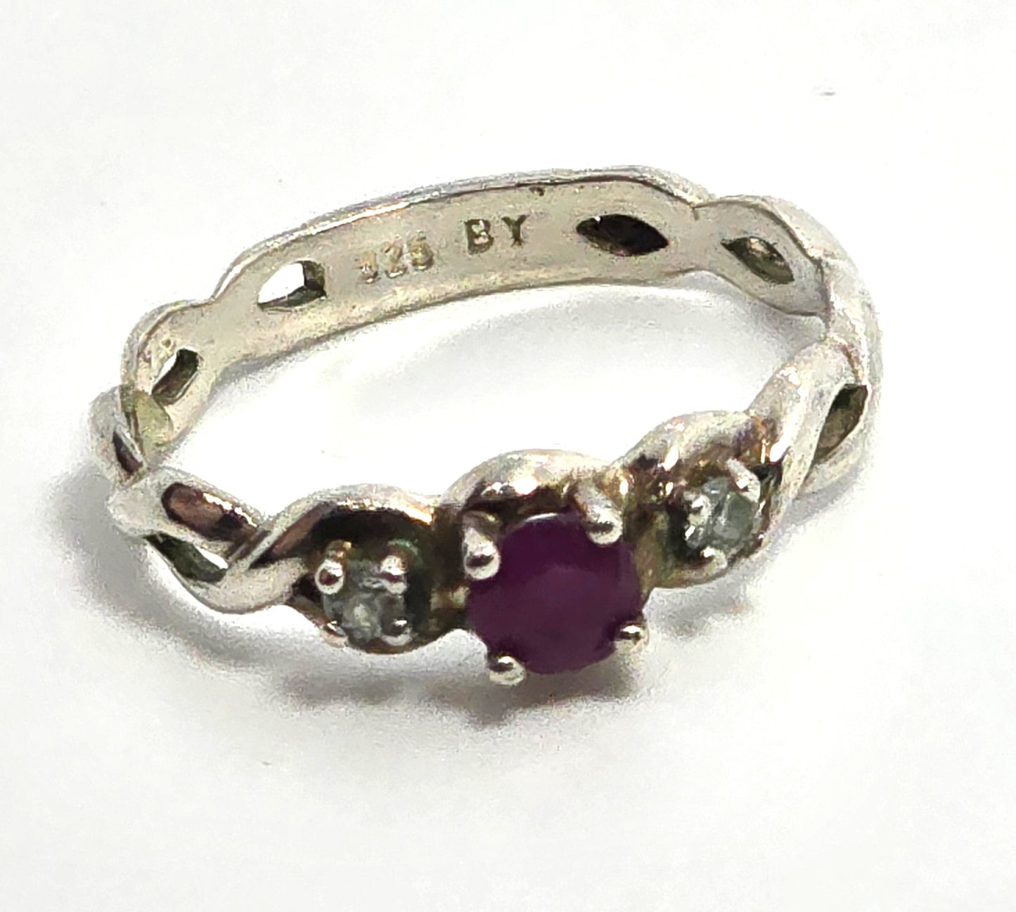 Ruby cubic zirconia three stone vintage sterling silver past present future ring size 9