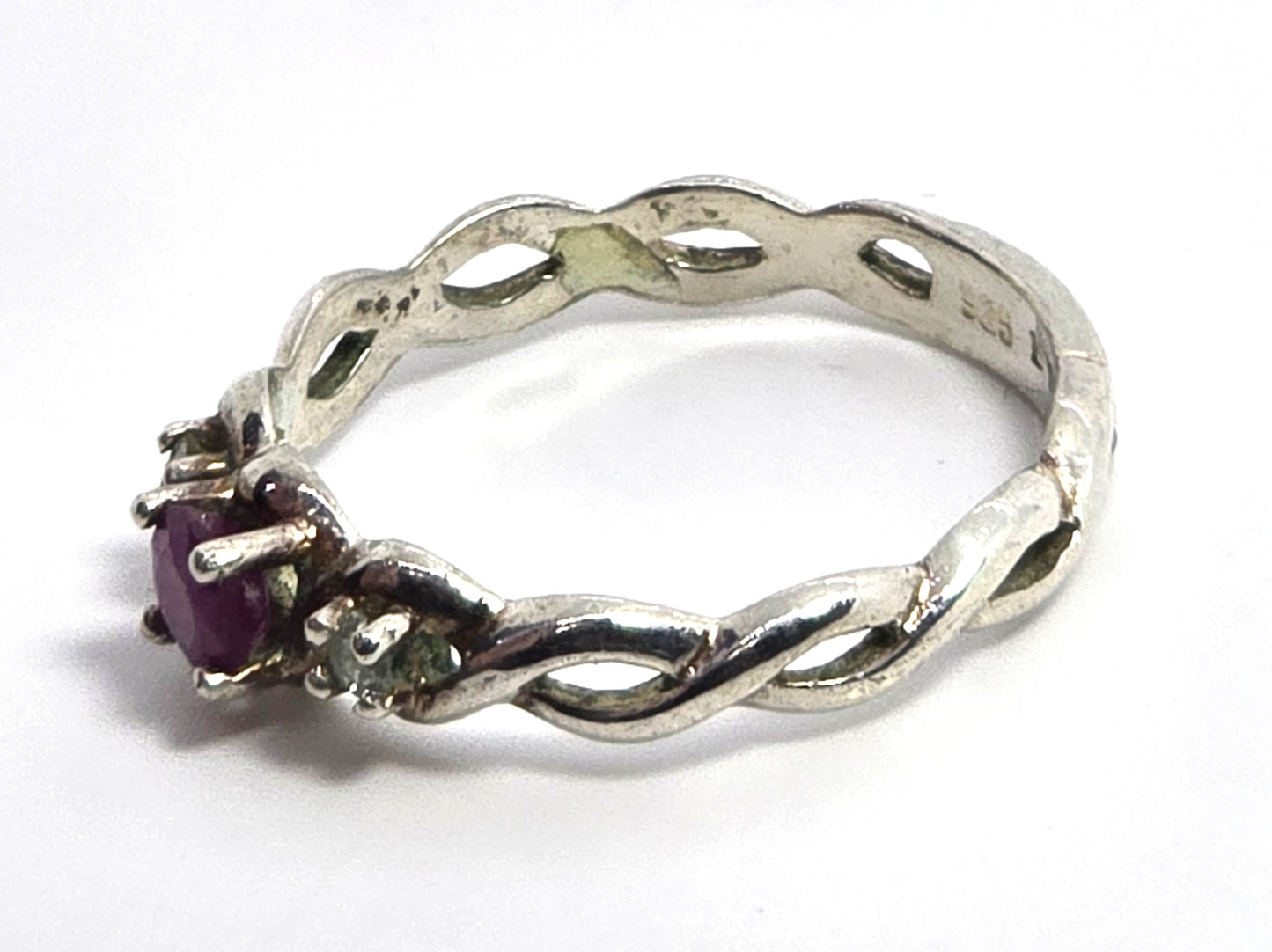 Ruby cubic zirconia three stone vintage sterling silver past present future ring size 9