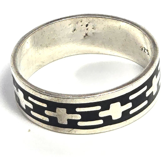Mexican modernist Black enamel cross vintage sterling silver cigar band ring size 11
