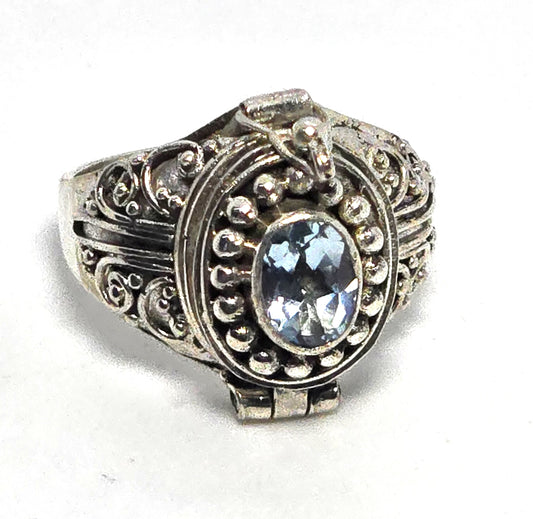 Blue topaz large Bali Balinese sterling silver vintage Poison ring size 6