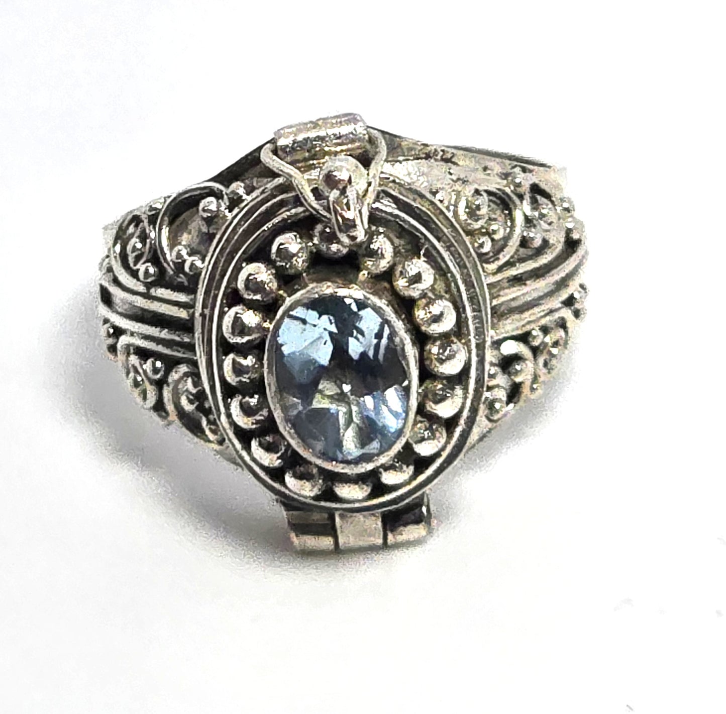 Blue topaz large Bali Balinese sterling silver vintage Poison ring size 6