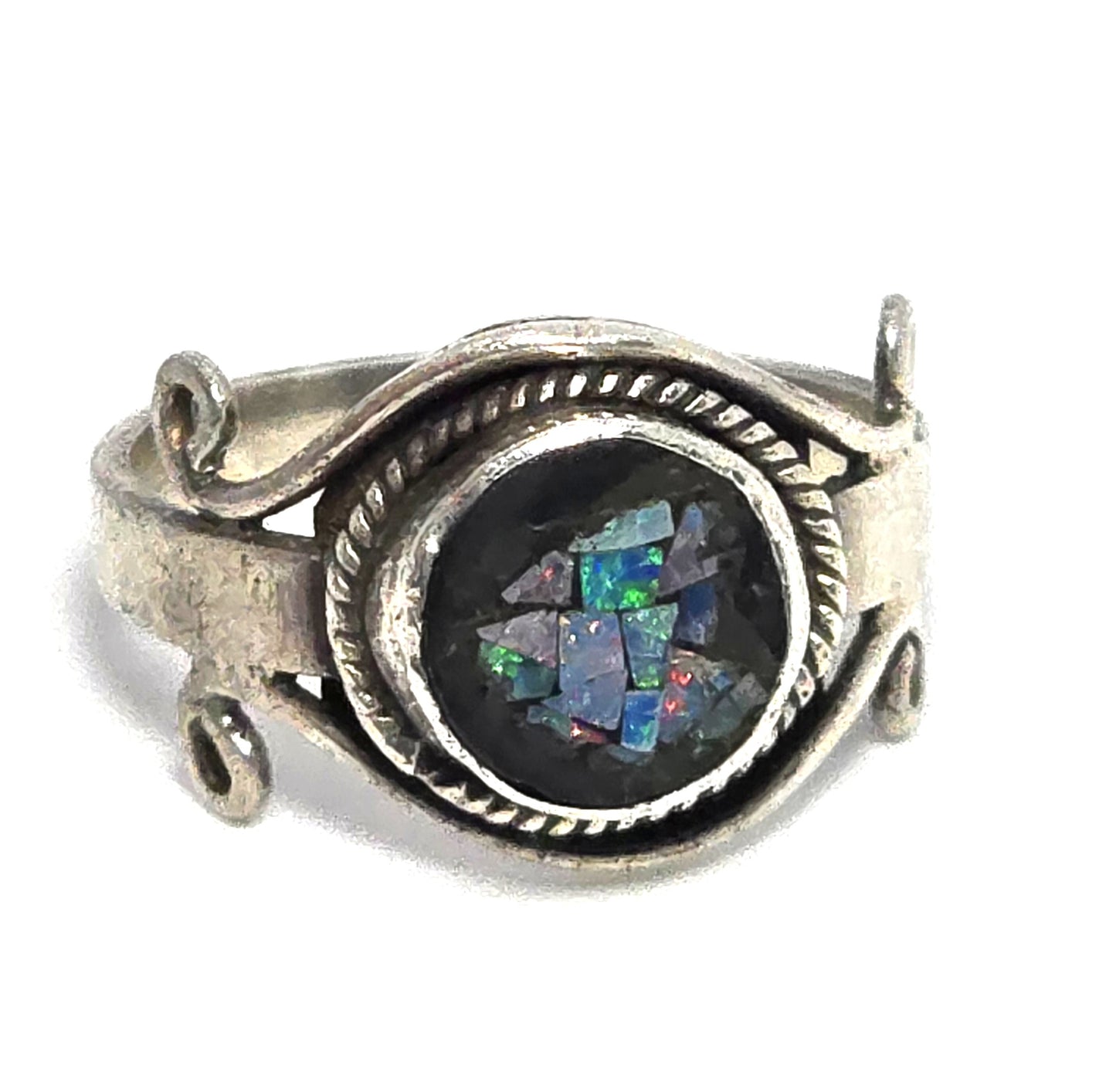 Blue fire opal black mosaic sterling silver tribal vintage ring size 6