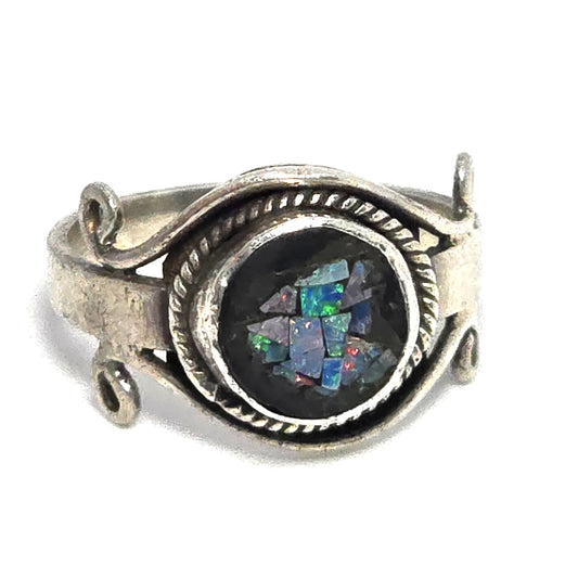 Blue fire opal black mosaic sterling silver tribal vintage ring size 6