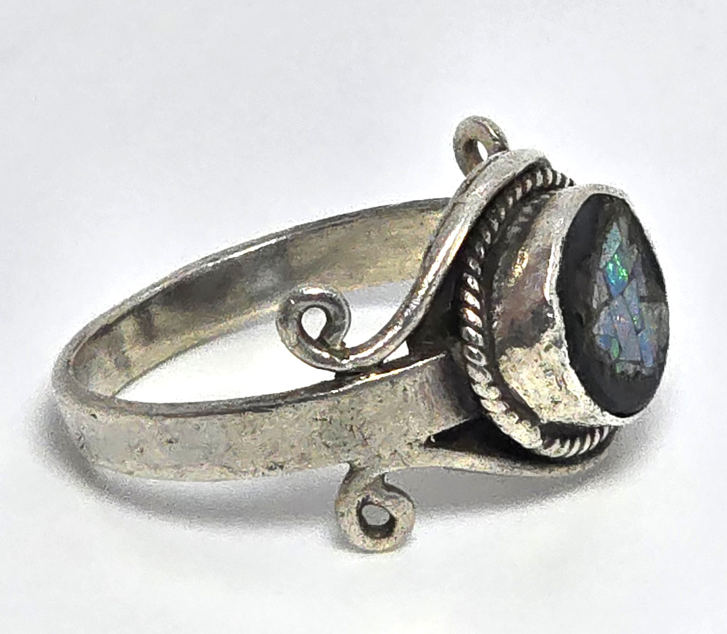 Blue fire opal black mosaic sterling silver tribal vintage ring size 6