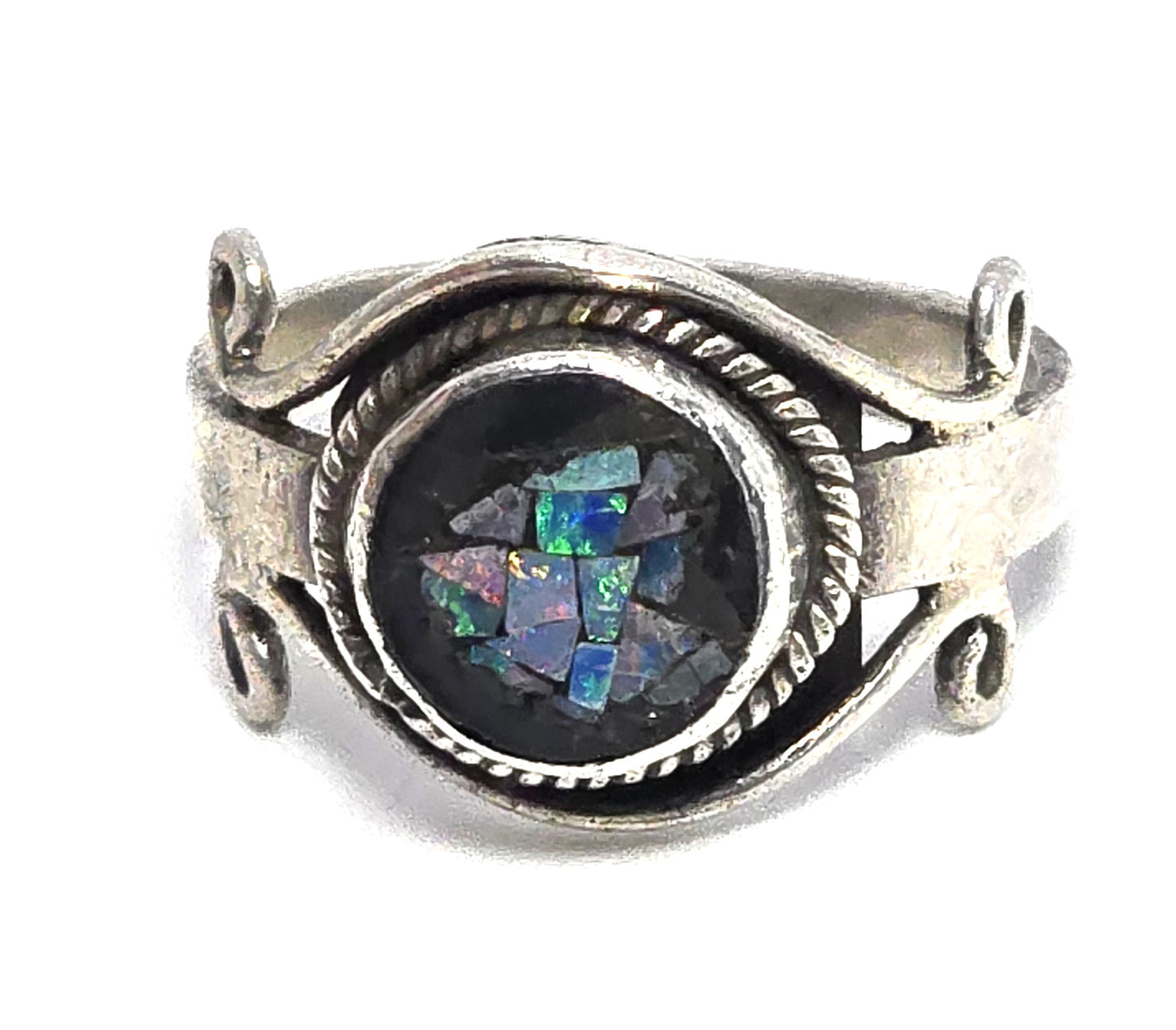 Blue fire opal black mosaic sterling silver tribal vintage ring size 6