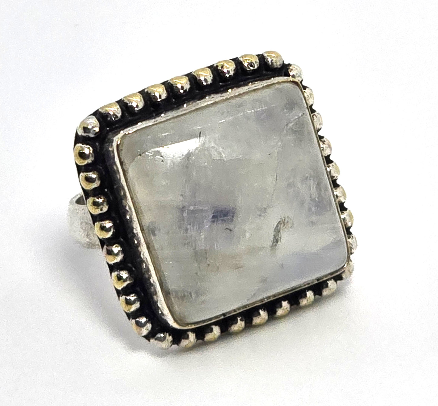 Rainbow Moonstone Large retro tribal vintage silver plated ring size 6