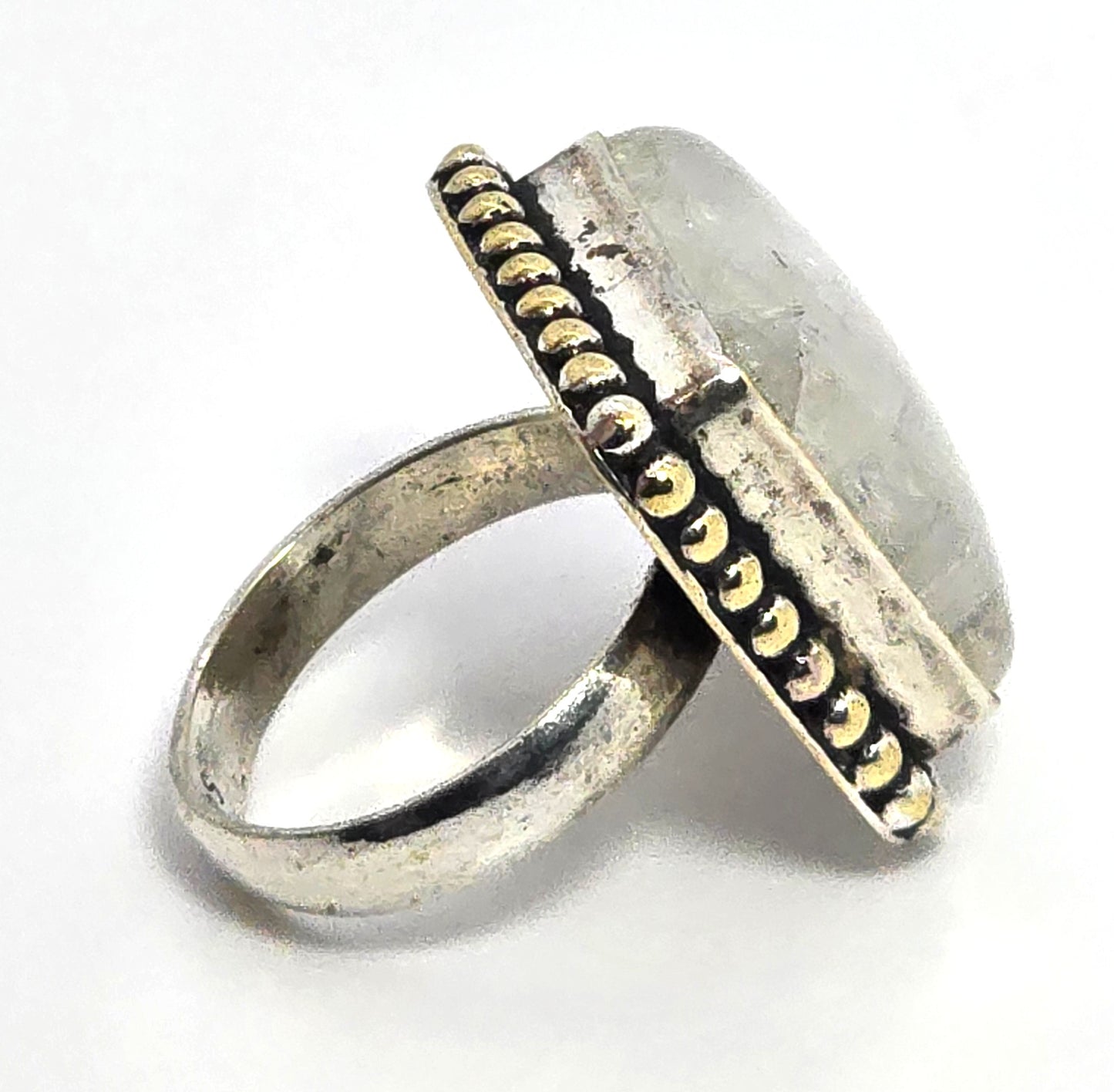 Rainbow Moonstone Large retro tribal vintage silver plated ring size 6