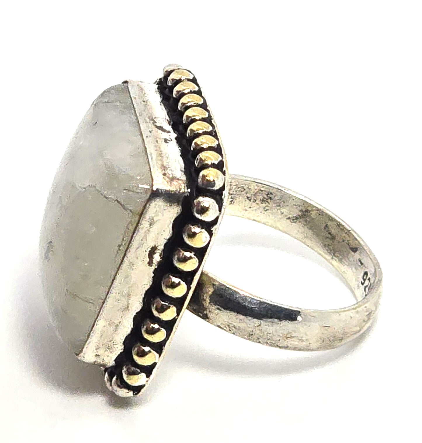 Rainbow Moonstone Large retro tribal vintage silver plated ring size 6