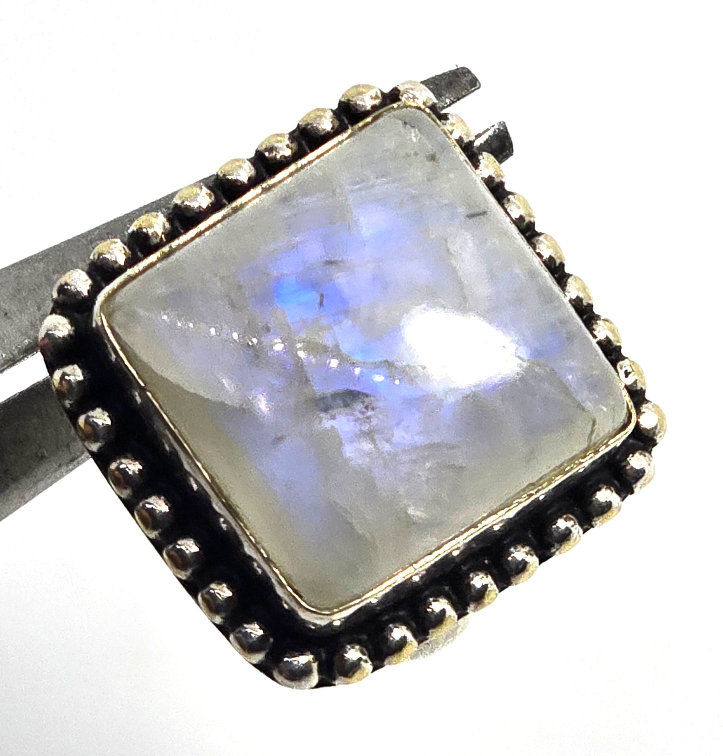 Rainbow Moonstone Large retro tribal vintage silver plated ring size 6