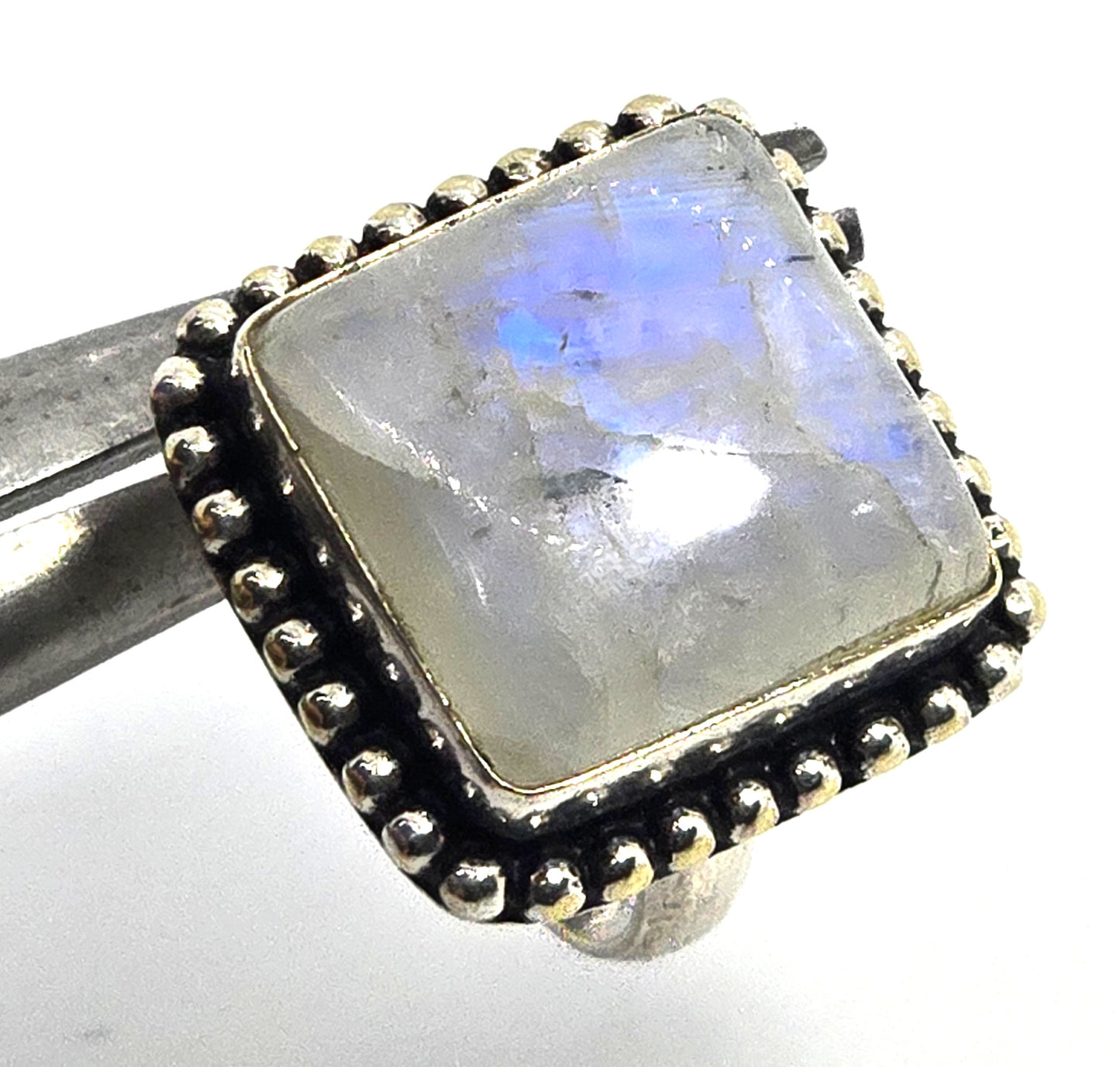 Rainbow Moonstone Large retro tribal vintage silver plated ring size 6