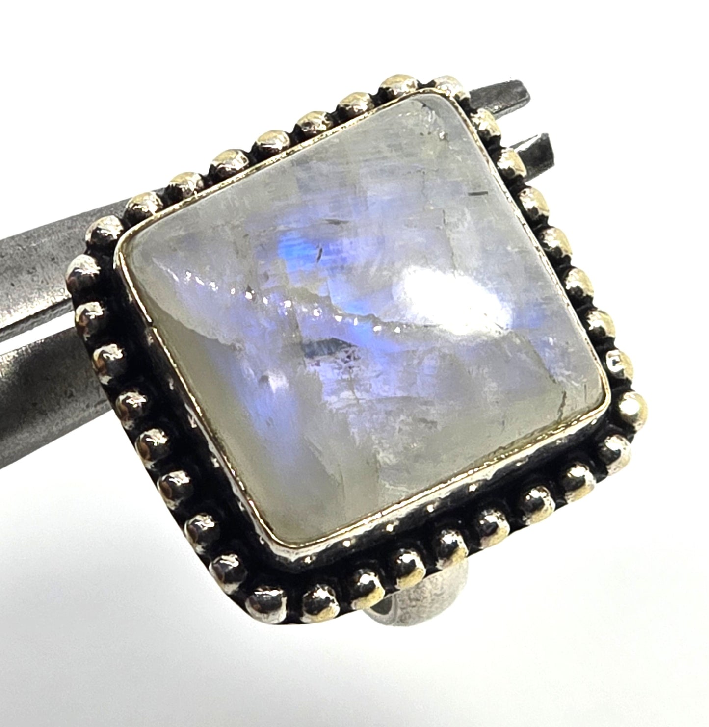 Rainbow Moonstone Large retro tribal vintage silver plated ring size 6