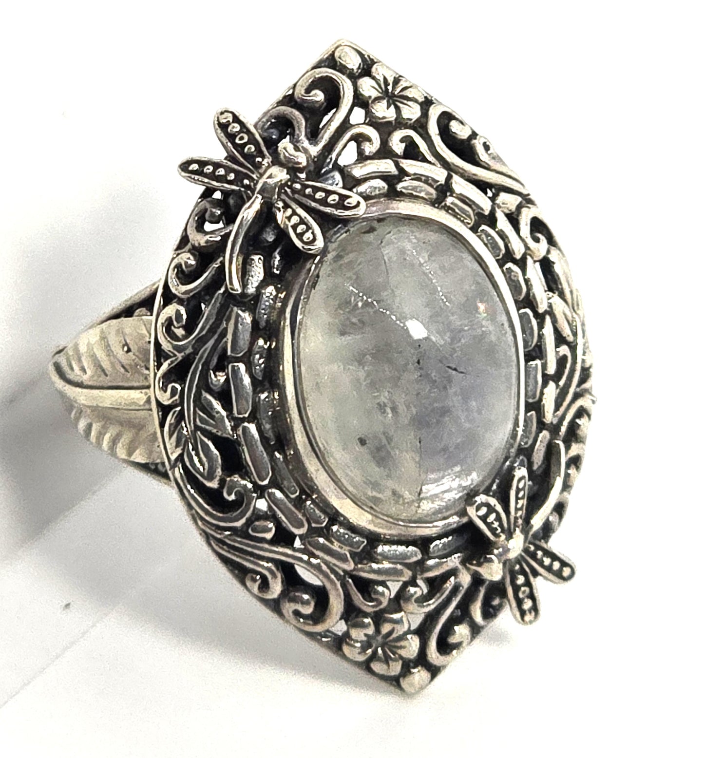 Dragonfly Blue Moonstone large sterling silver tribal Balinese statement ring size 10