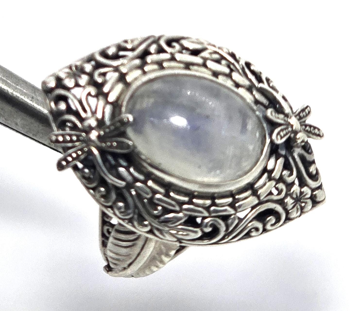 Dragonfly Blue Moonstone large sterling silver tribal Balinese statement ring size 10
