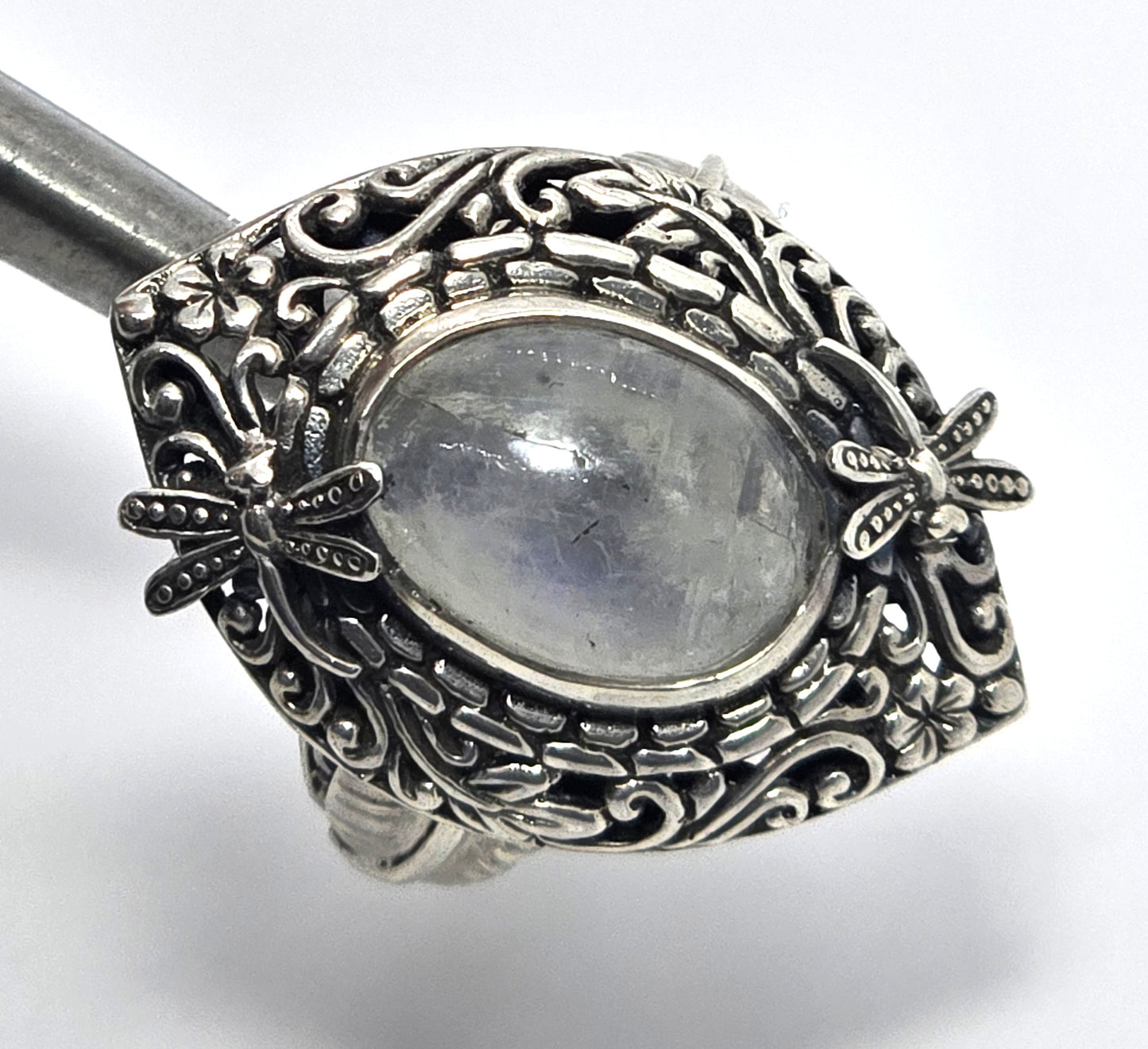 Dragonfly Blue Moonstone large sterling silver tribal Balinese statement ring size 10