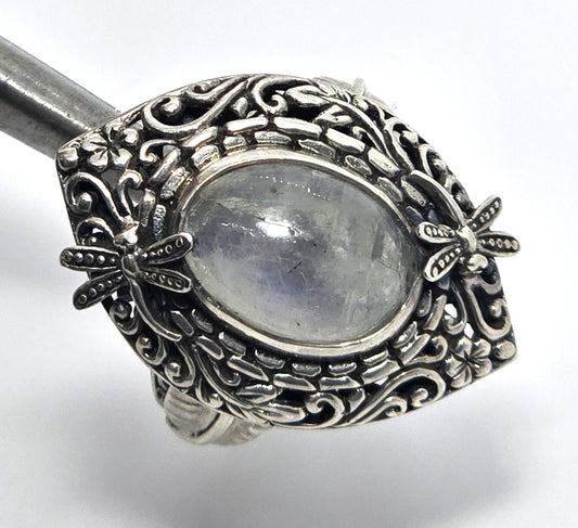 Dragonfly Blue Moonstone large sterling silver tribal Balinese statement ring size 10