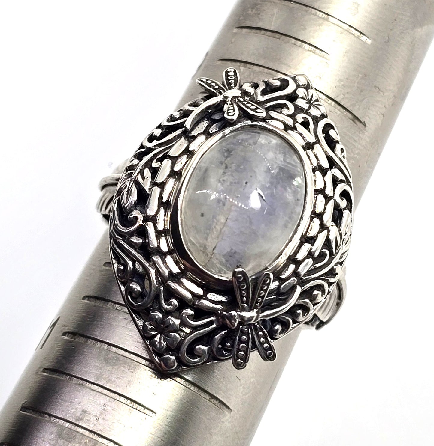 Dragonfly Blue Moonstone large sterling silver tribal Balinese statement ring size 10