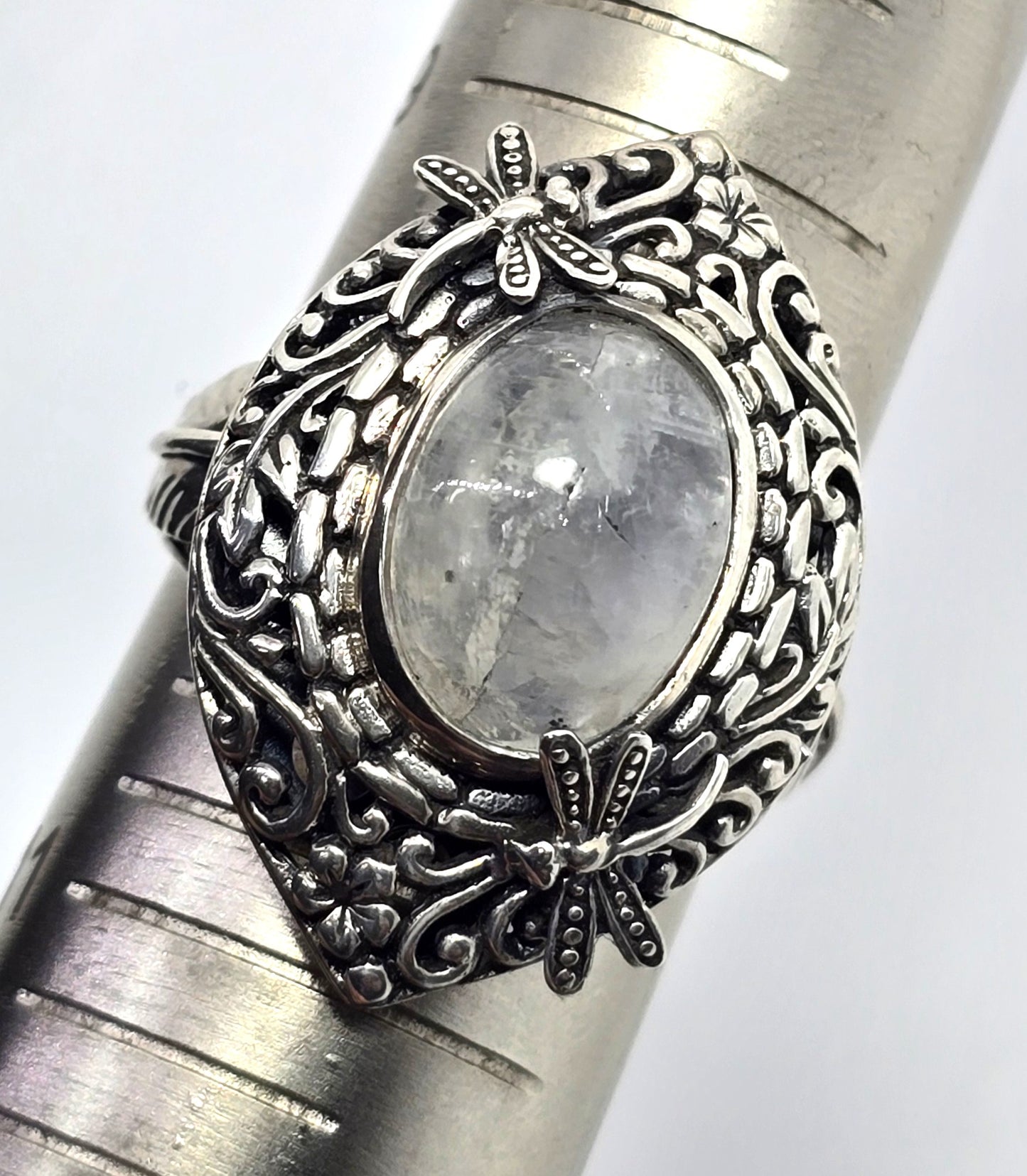 Dragonfly Blue Moonstone large sterling silver tribal Balinese statement ring size 10