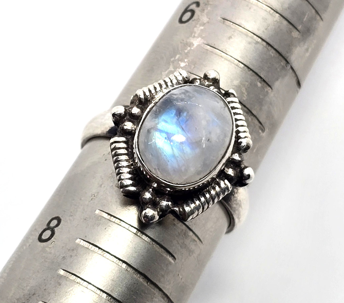 Rainbow moonstone flashy modernist vintage sterling silver ring size 7