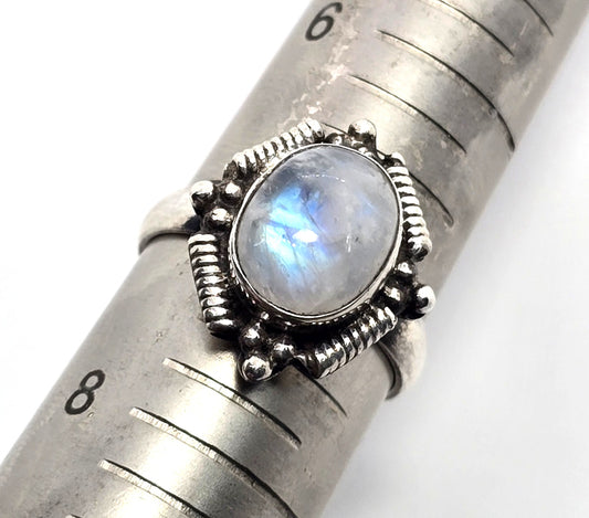 Rainbow moonstone flashy modernist vintage sterling silver ring size 7