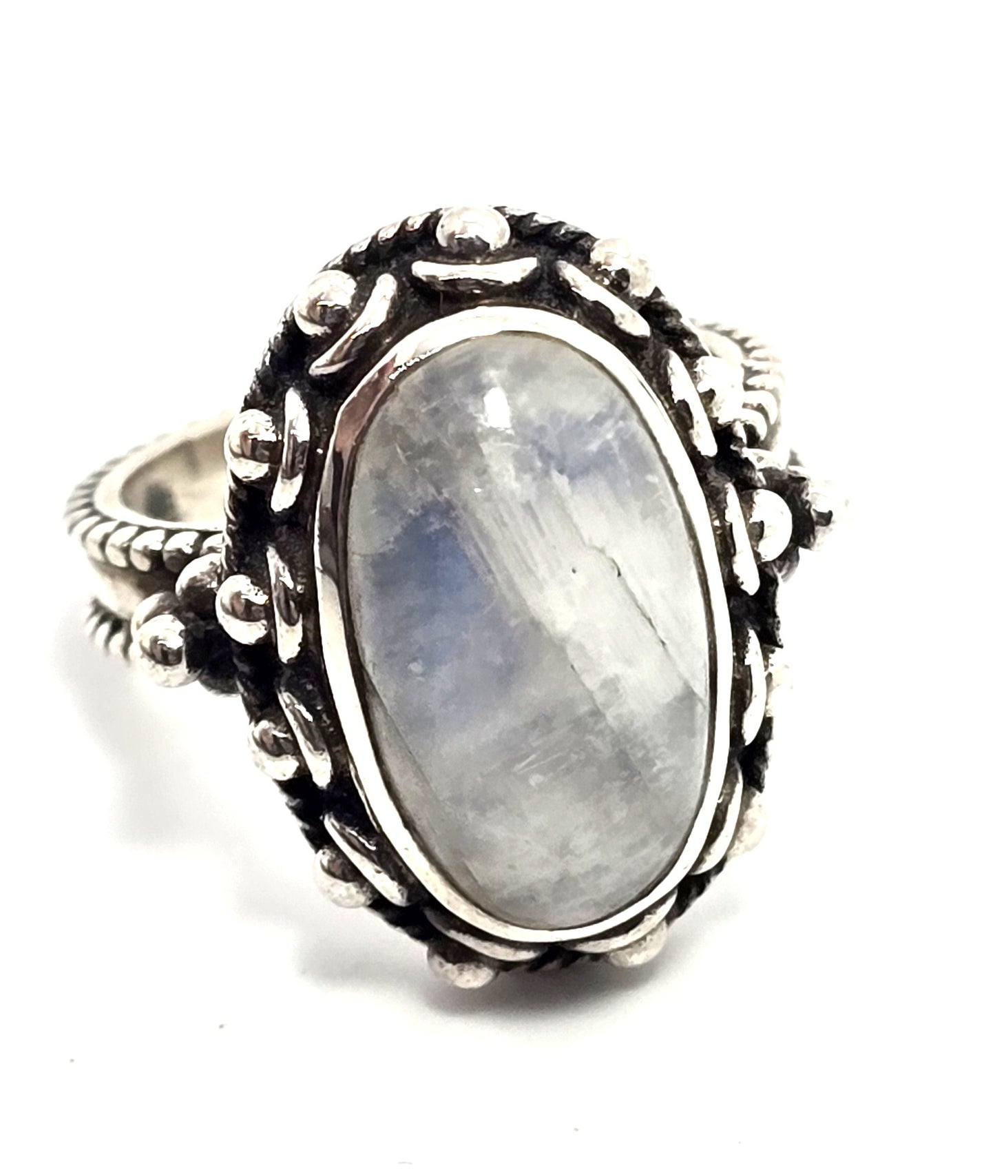 Flashy Blue Moonstone tribal Bali Balinese thick vintage sterling silver ring size 8