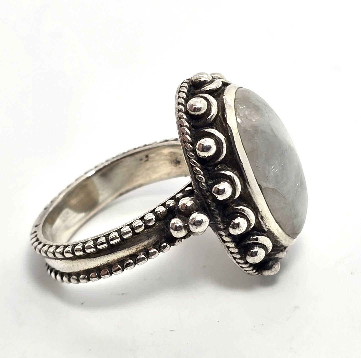 Flashy Blue Moonstone tribal Bali Balinese thick vintage sterling silver ring size 8