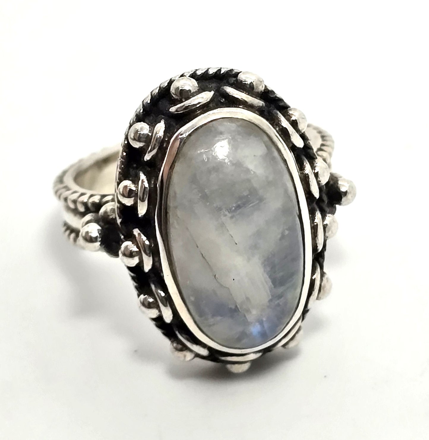 Flashy Blue Moonstone tribal Bali Balinese thick vintage sterling silver ring size 8